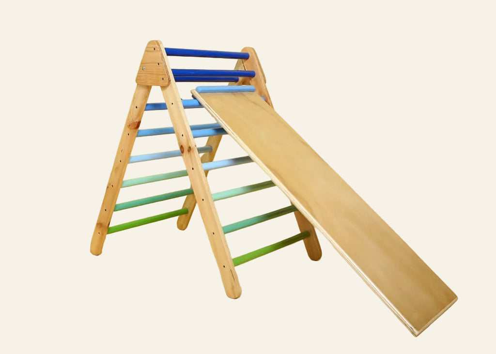 2 in 1 Climbing Ramp N Slide - Long Bars paired with pikler triangle
