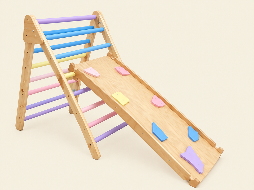 Wooden A-frame Pikler triangle paired with assorted shapes ramp of pastel colors theme.