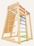 Wooden Indoor Jungle Gym - 5 Feet with ramp, swing, ladder, role ladder, gymnastic rings, monkey bars, mesh and ramp.