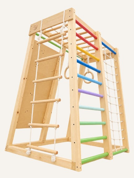 Wooden Indoor Jungle Gym - 5 Feet with ramp, swing, ladder, role ladder, gymnastic rings, monkey bars, mesh and ramp.