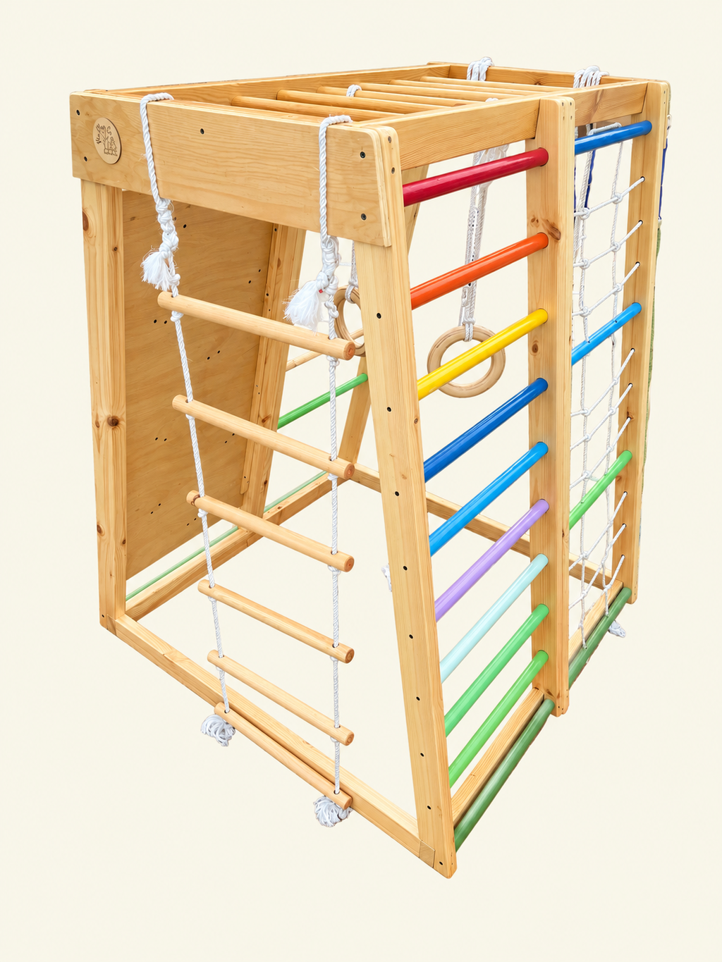Wooden Indoor Jungle Gym - 5 Feet with ramp, swing, ladder, role ladder, gymnastic rings, monkey bars, mesh and ramp.