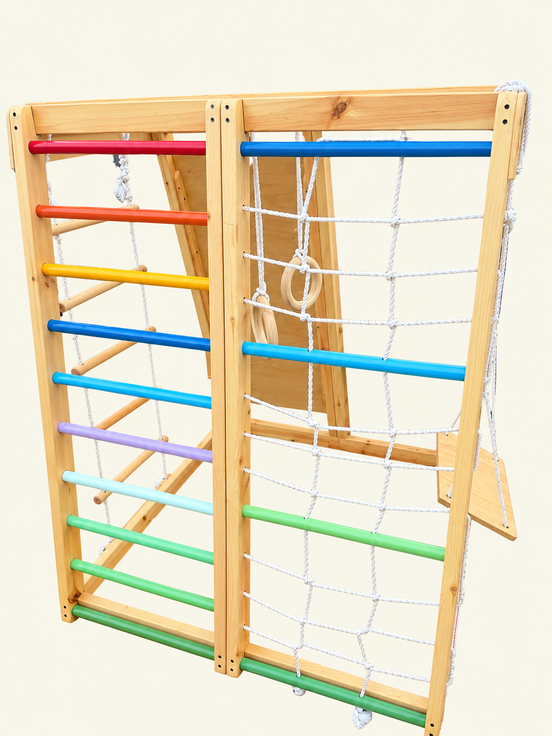 Wooden Indoor Jungle Gym - 5 Feet with ramp, swing, ladder, role ladder, gymnastic rings, monkey bars, mesh and ramp.