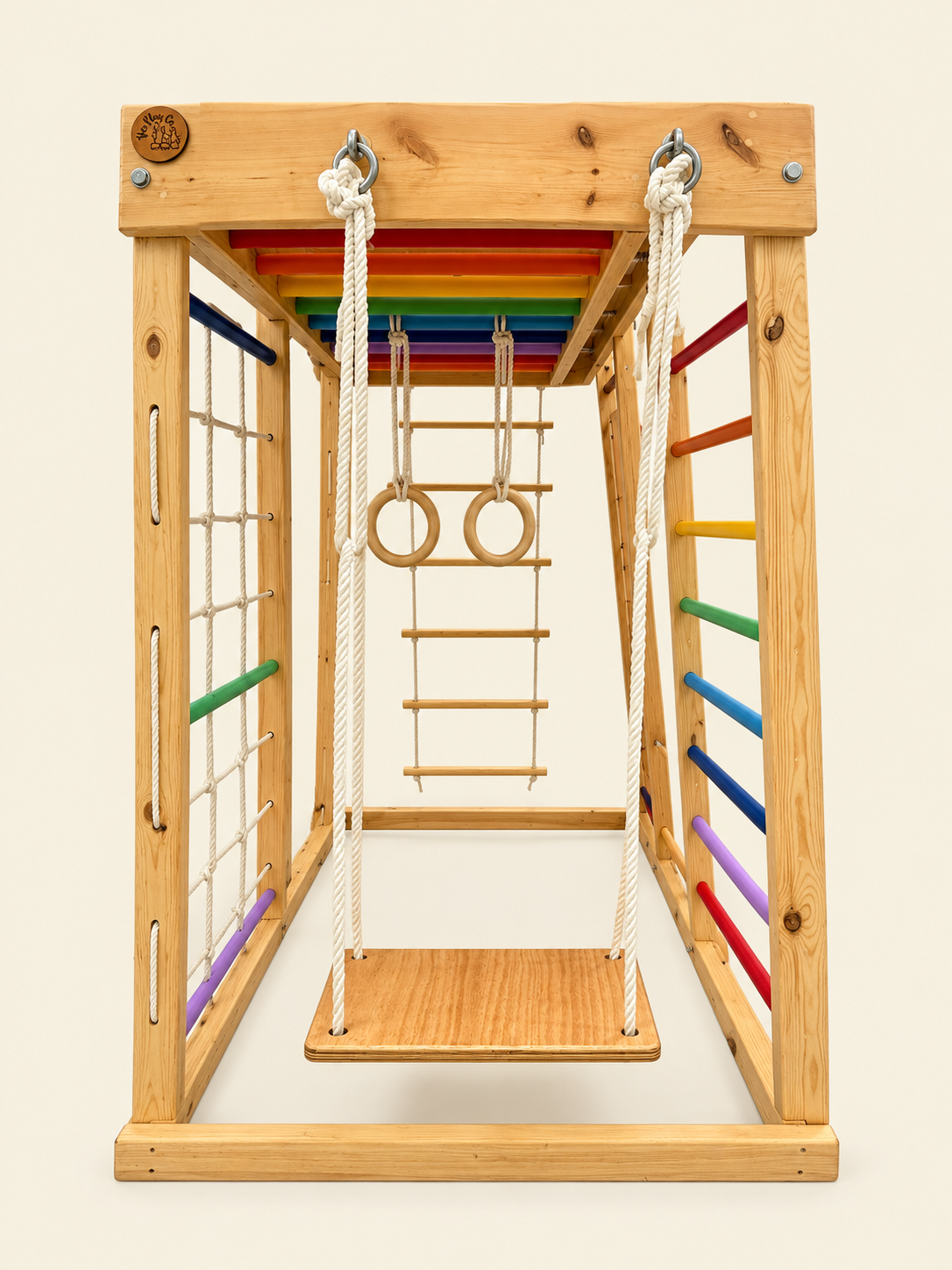Castle Park with climbing wall, ladder, swing, mesh, rope ladder, ramp and gymnastic rings.