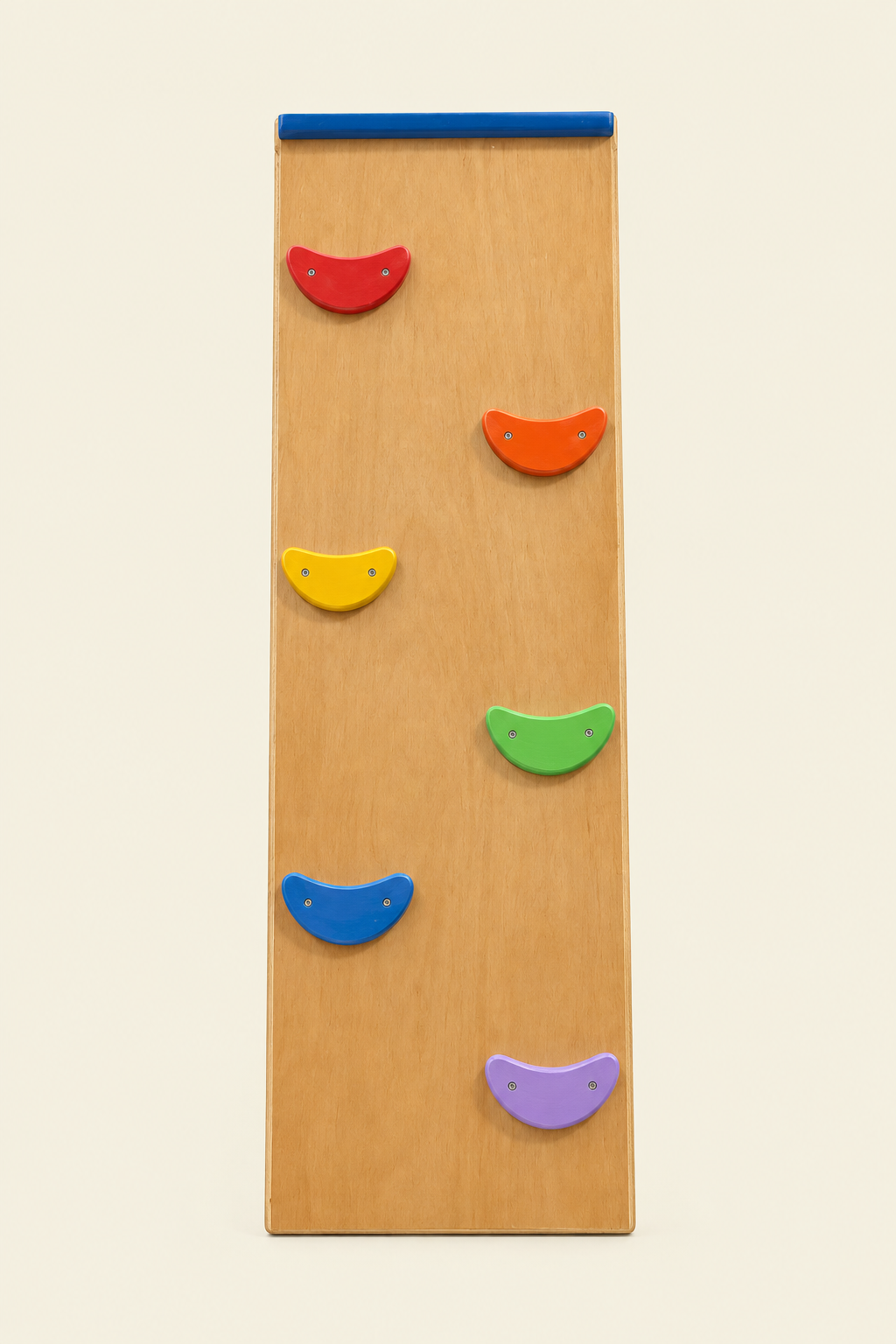 A 2-in-1 slide and wooden climbing wall with curved w-inooden handholds ramp of rainbow theme.