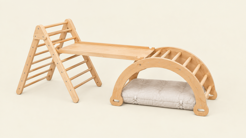 3 in 1 set containing pikler, rocker, ramp and optional cushion