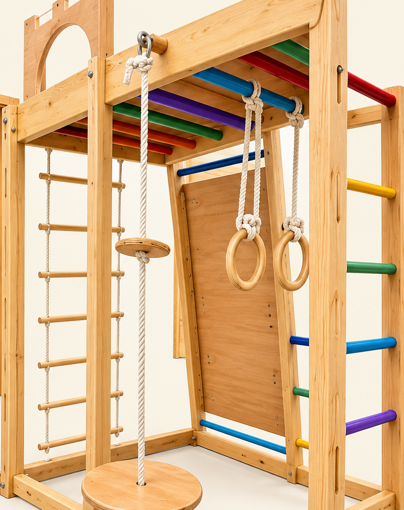 Castle Park with climbing wall, ladder, swing, mesh, rope ladder, ramp and gymnastic rings.