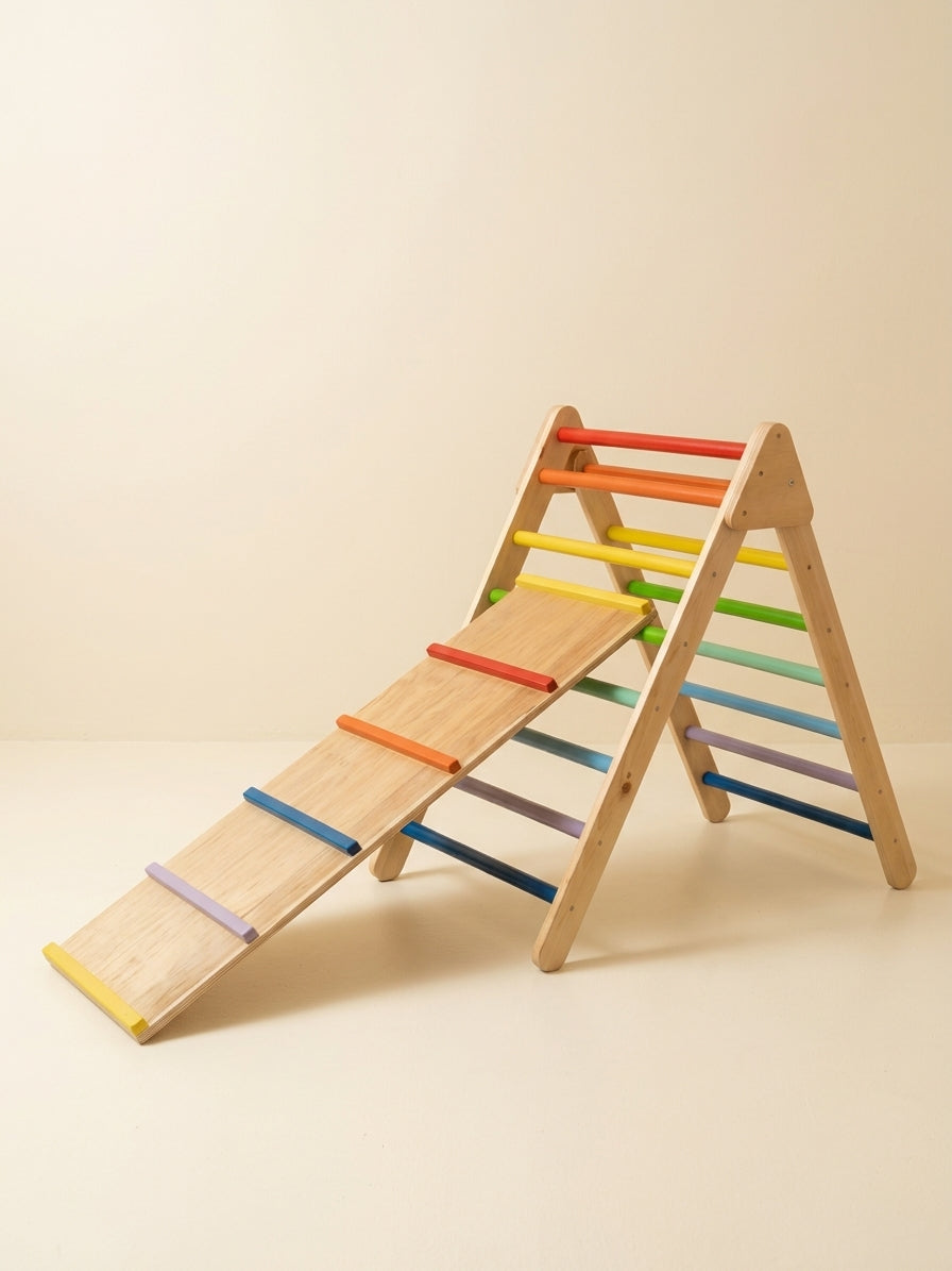 Wooden A-frame Pikler triangle paired with long bars ramp of rainbow colors theme.