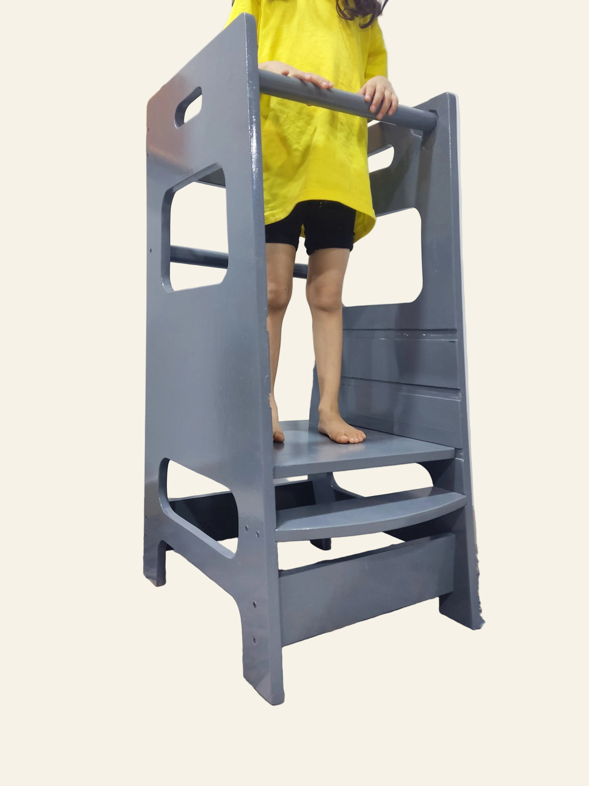 Wooden Grey Learning Tower with adjustable heights.
