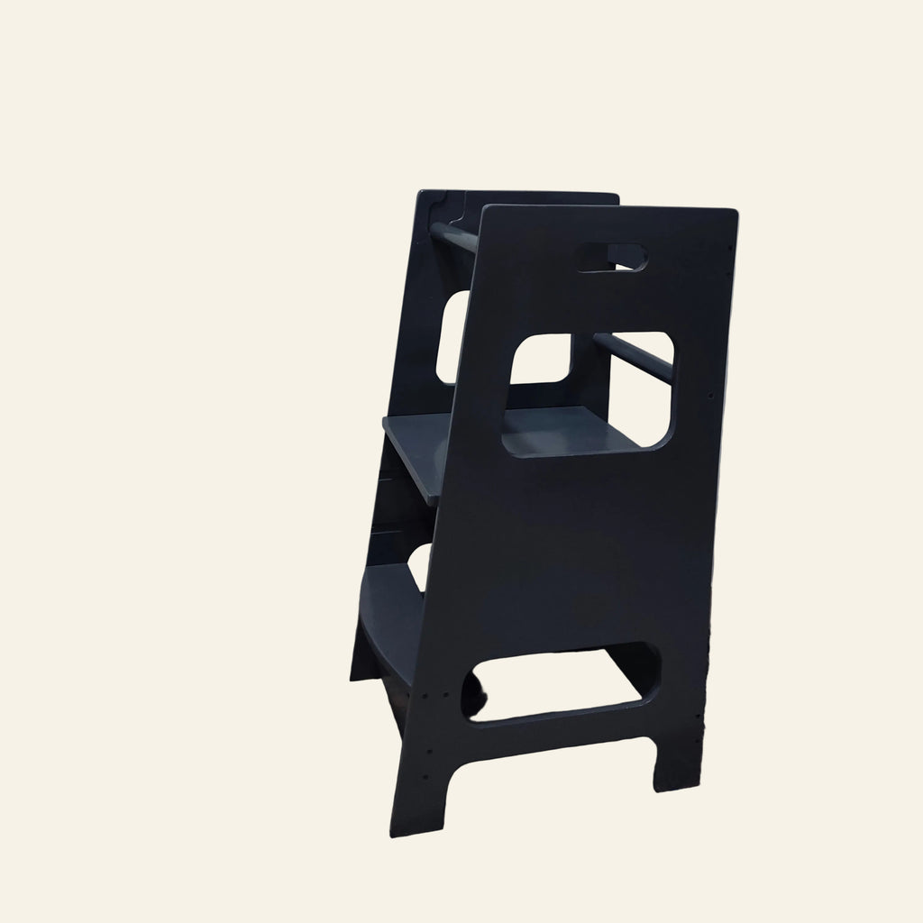 Wooden Black Learning Tower with adjustable heights.