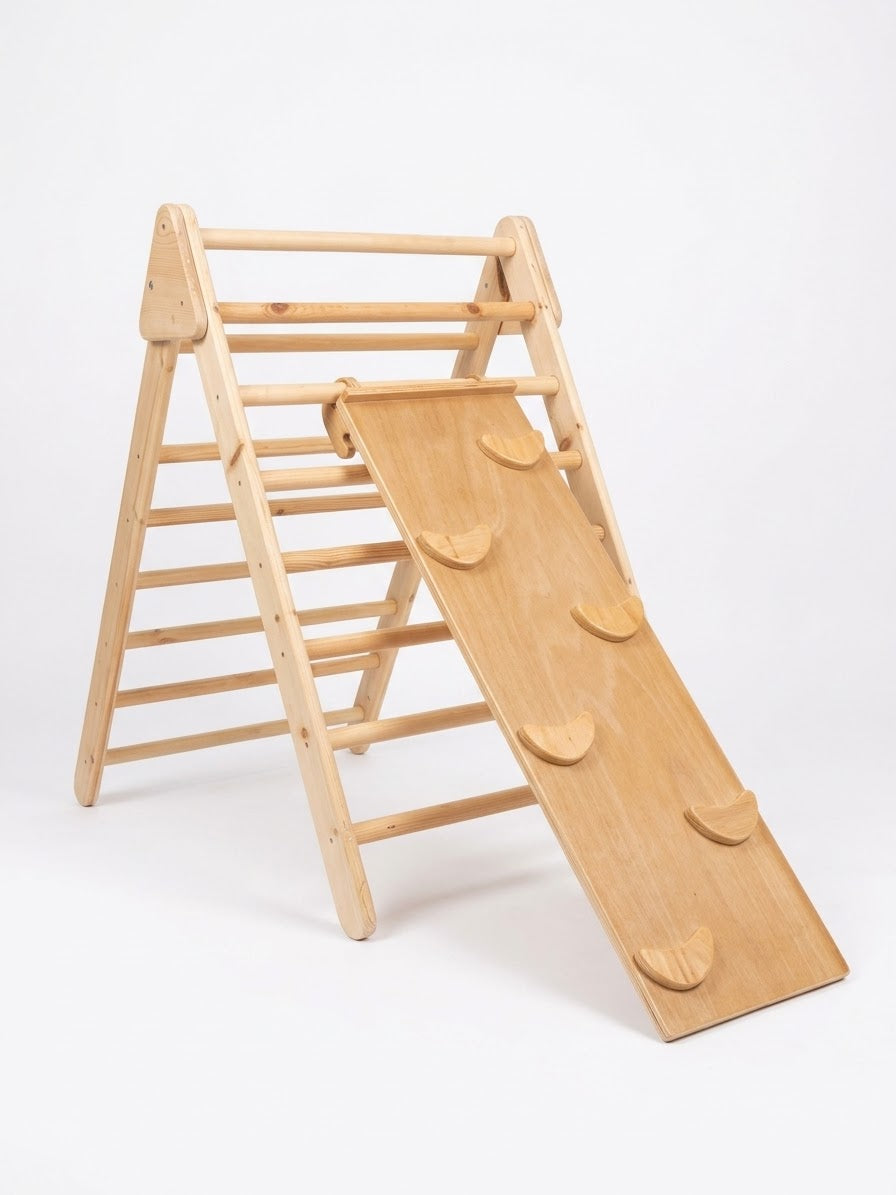 Wooden A-frame Pikler triangle paired with rock climbing ramp.