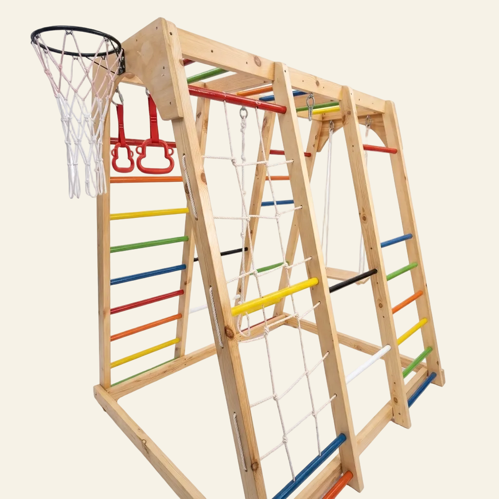 Wooden Indoor Jungle Gym - 6 Feet with ramp, swing, ladder, monkey bars, basketball hoop, mesh and ramp.
