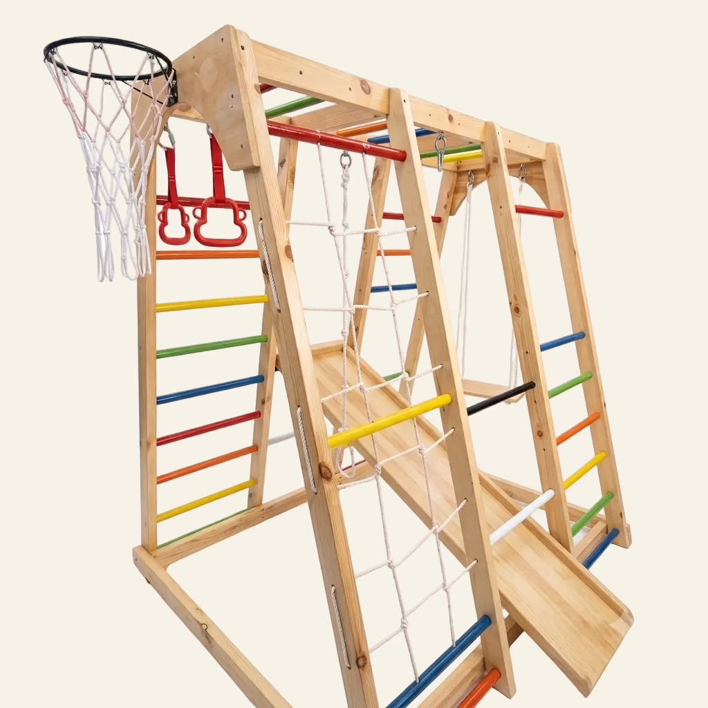 Wooden Indoor Jungle Gym - 6 Feet with ramp, swing, ladder, monkey bars, basketball hoop, mesh and ramp.